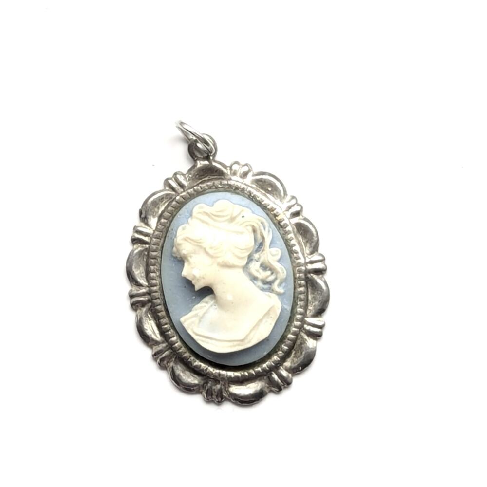 Vintage Victorian Inspired Silver Tone Acrylic Cameo Silhouette Necklace Pendant